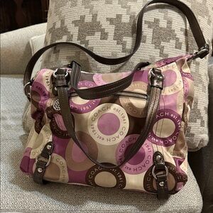Coach Purple and Tan Signature Shoulder Bag